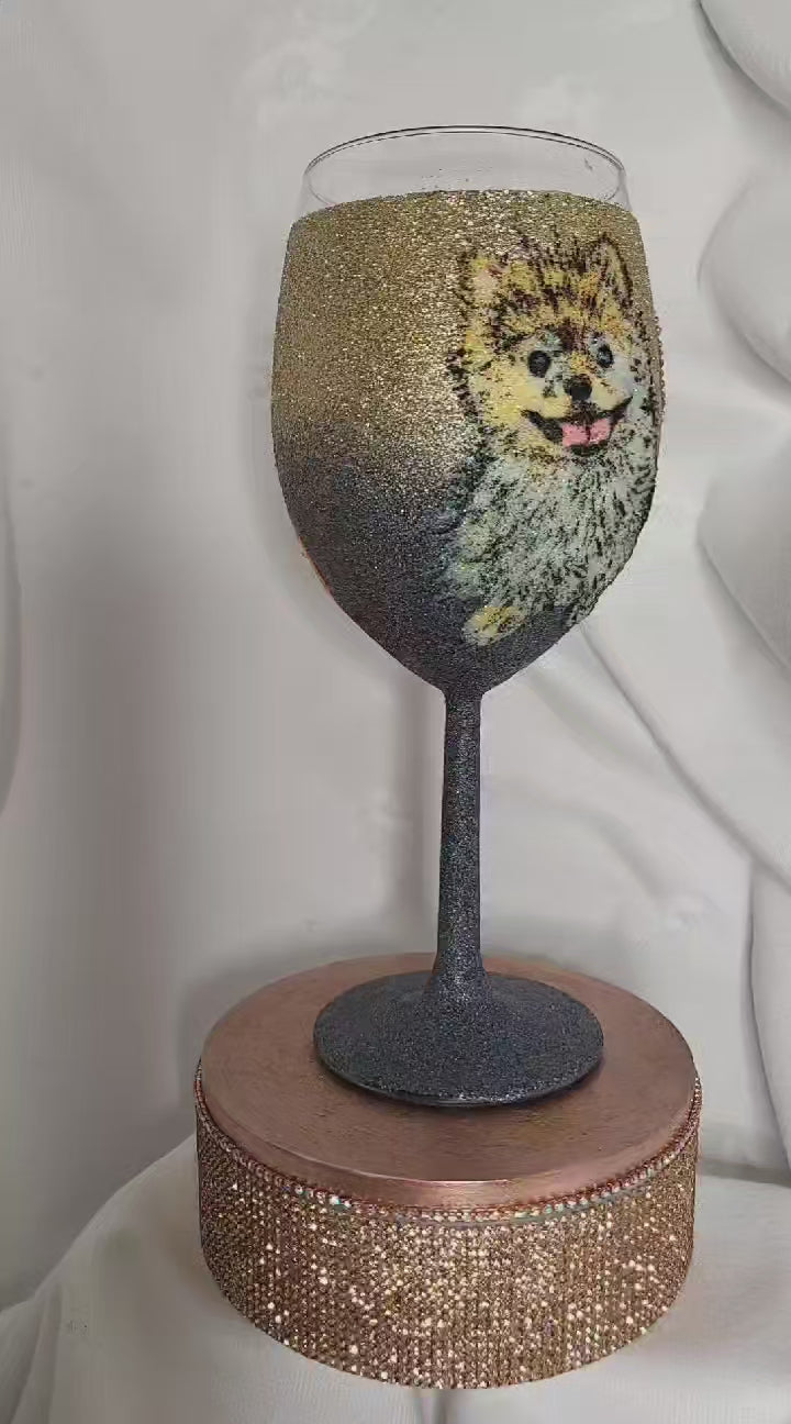 Personalized Glitter Wine Glass - Pet Portrait