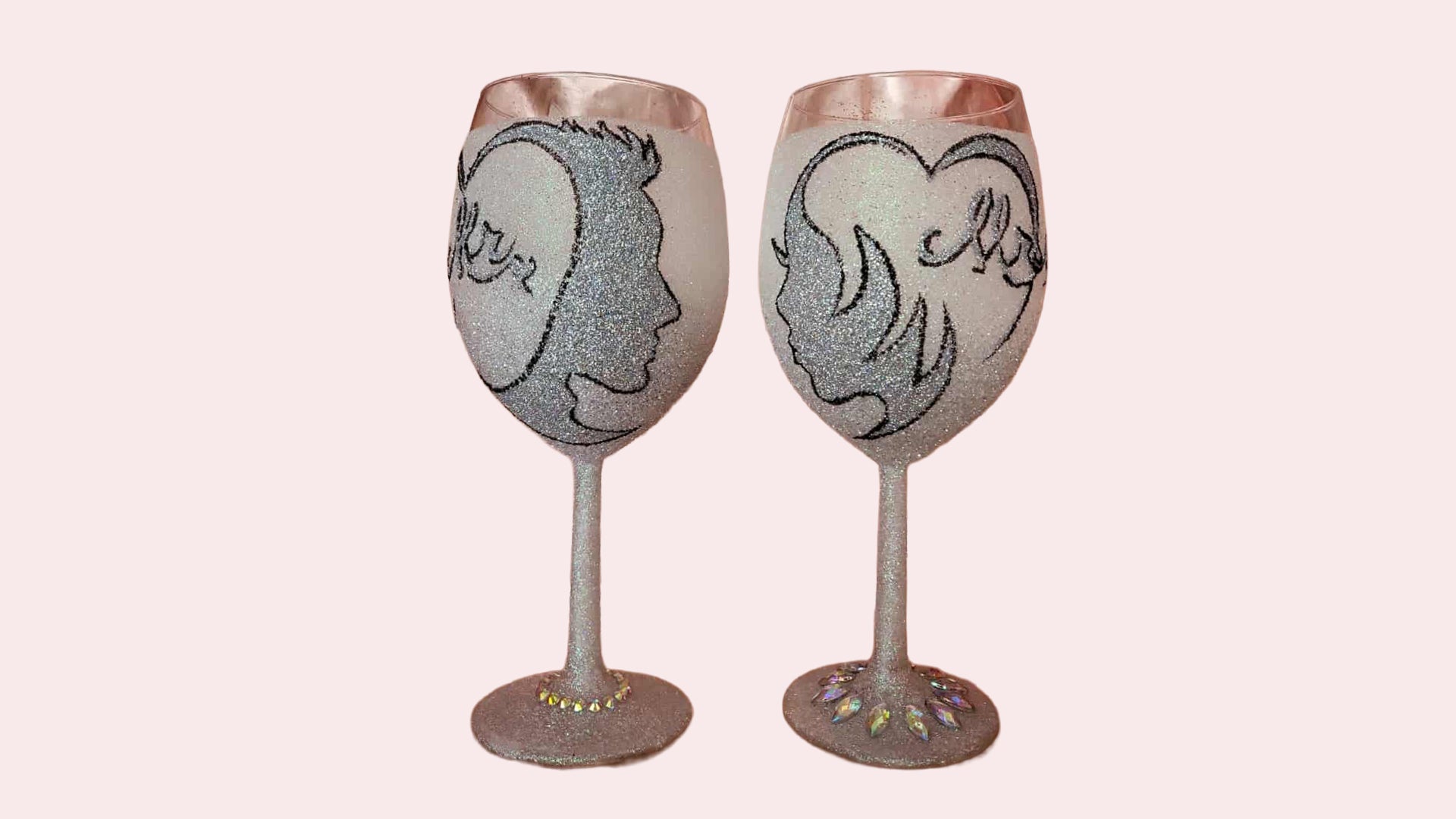 (Pair) Personalized Glitter Wine Glass - Wedding